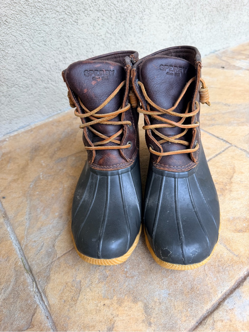Sperry Brown Leather and Black Rubber Waterproof Boots with Tan Accents